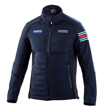 Navy jacket with brand logos on a white background